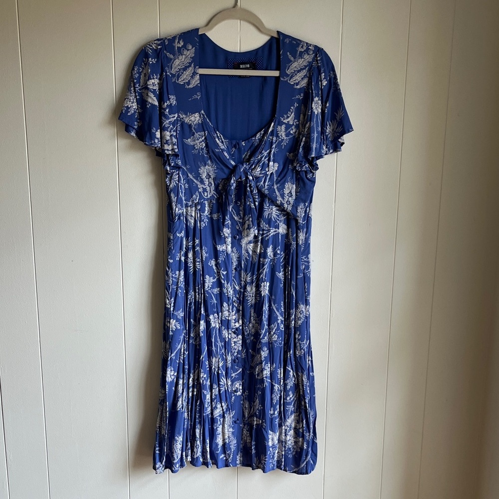 Mauve Blue and White Floral Midi Coastal Beach Resort wear Dress Sz 14 - Picture 3 of 13